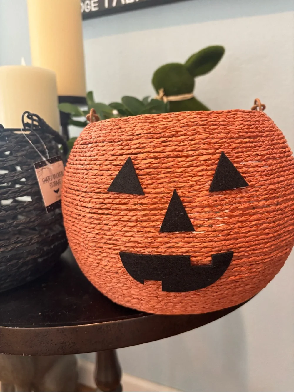 Pair Halloween Top Handle Woven Baskets Pumpkin Jack-o’-Lantern Black Cat New